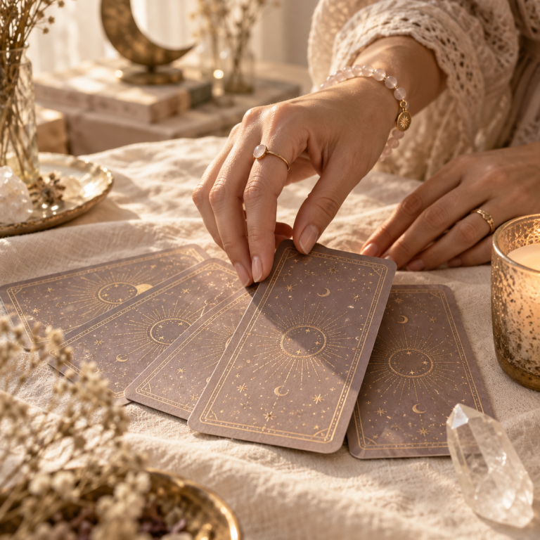 Découvrir la guidance intuitive Illustration d’un tirage de cartes d’oracle dans une ambiance douce et lumineuse.
